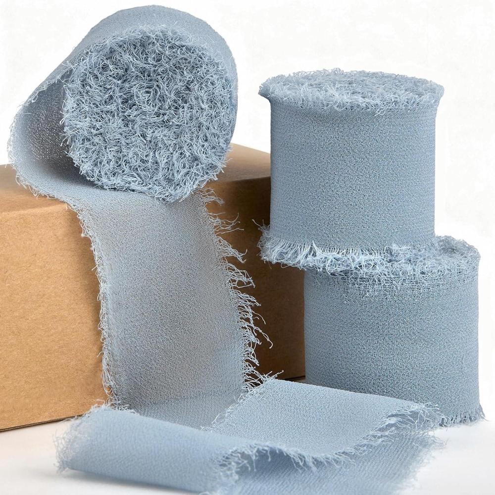 image:imageBaby Blue Chiffon Ribbon 15 Inch x 21 Yards Handmade Fringe Chiffon Silk Ribbon for Gift Wrapping Wedding Invitations Bridal Bouquets Crafts Home DecorDusty Blue