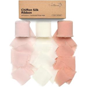 9 Colors Chiffon Ribbon 1” x 27 Yds Handmade Fringe Chiffon Silk Ribbon for Gift Wrapping Wedding Invitations Bridal Bouquets Crafts Home Decor(Blush Pink/Ivory/Dusty Pink)