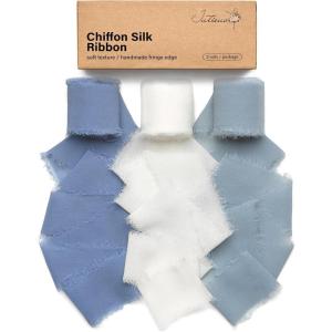 9 Colors Chiffon Ribbon 1” x 27 Yds Handmade Fringe Chiffon Silk Ribbon for Gift Wrapping Wedding Invitations Bridal Bouquets Crafts Home Decor(Dusty Blue/Off White)