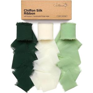 9 Colors Chiffon Ribbon 1” x 27 Yds Handmade Fringe Chiffon Silk Ribbon for Gift Wrapping Wedding Invitations Bridal Bouquets Crafts Home Decor(Forest Green/Ivory/Sage Green)