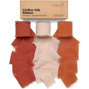 9 Colors Chiffon Ribbon 1” x 27 Yds Handmade Fringe Chiffon Silk Ribbon for Gift Wrapping Wedding Invitations Bridal Bouquets Crafts Home Decor(Rust Red/Khaki/Terracotta)