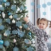36Pcs Blue Glitter Snowflake Decorations Christmas Ornaments, Hanging Plastic Snow Flakes Ornaments with Silver Rope for Christmas Tree Decorations, Winter Wonderland Party Supplies(Blue)