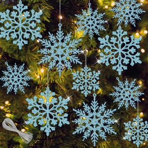 36Pcs Blue Glitter Snowflake Decorations Christmas Ornaments, Hanging Plastic Snow Flakes Ornaments with Silver Rope for Christmas Tree Decorations, Winter Wonderland Party Supplies(Blue)