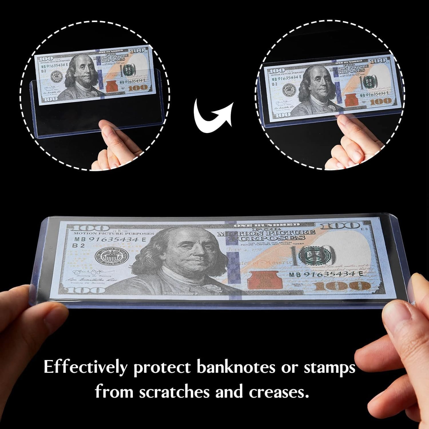 image:image50 Pack Dollar Bill Sleeves Clear PVC Currency Holders Transparent Bill Display Protectors for Regular Bills Cash Money Banknotes and Stamps 68 x 29 Inch