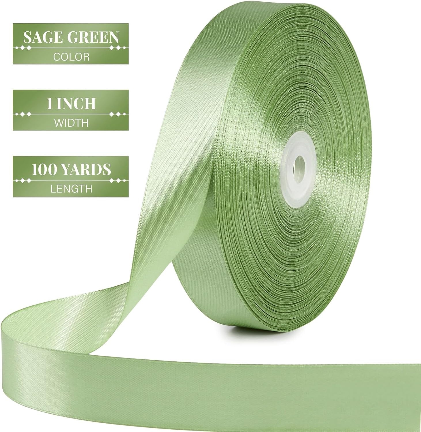 image:image100 Yards 1 Inch Apple Green Satin Ribbon Solid Fabric Ribbon Roll for Flower Bouquet Gift Wrapping Roses Making Handmade CraftsSage Green