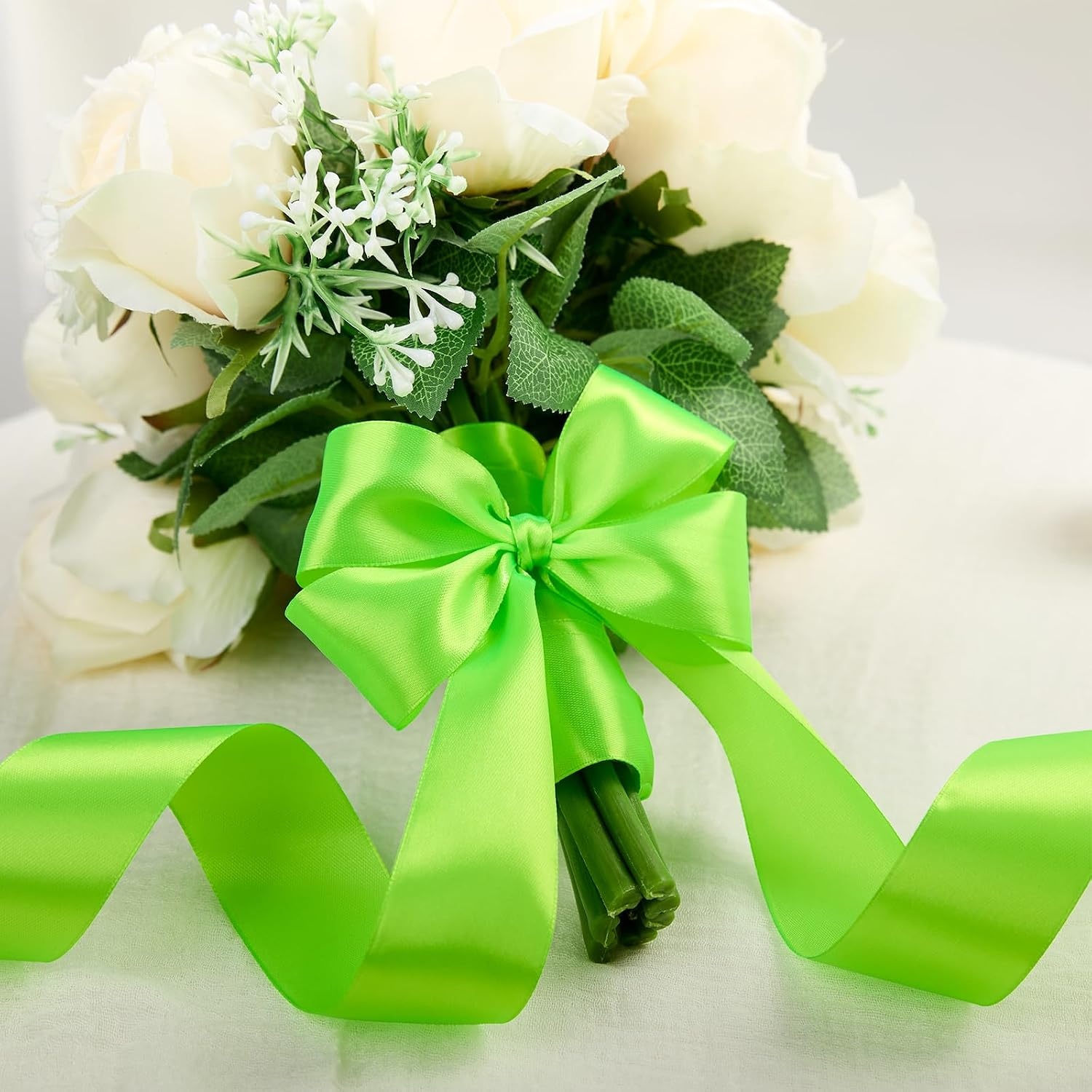 image:image112 Inch 100 Yards Apple Green Satin Ribbon Solid Fabric Ribbon Roll for Flower Bouquet Gift Wrapping Roses Making Handmade CraftsApple Green