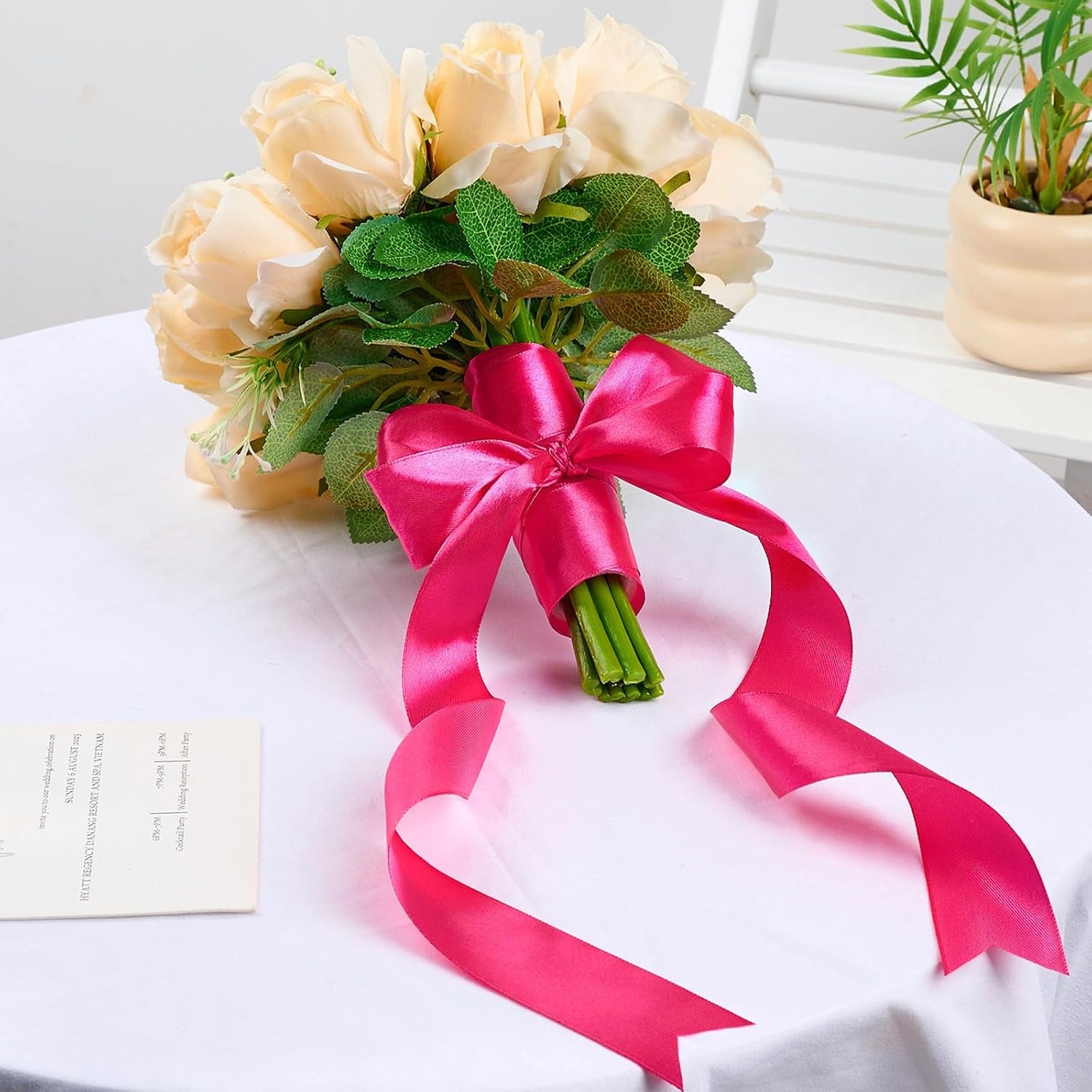 image:image112 Inch 100 Yards Apple Green Satin Ribbon Solid Fabric Ribbon Roll for Flower Bouquet Gift Wrapping Roses Making Handmade CraftsHot Pink