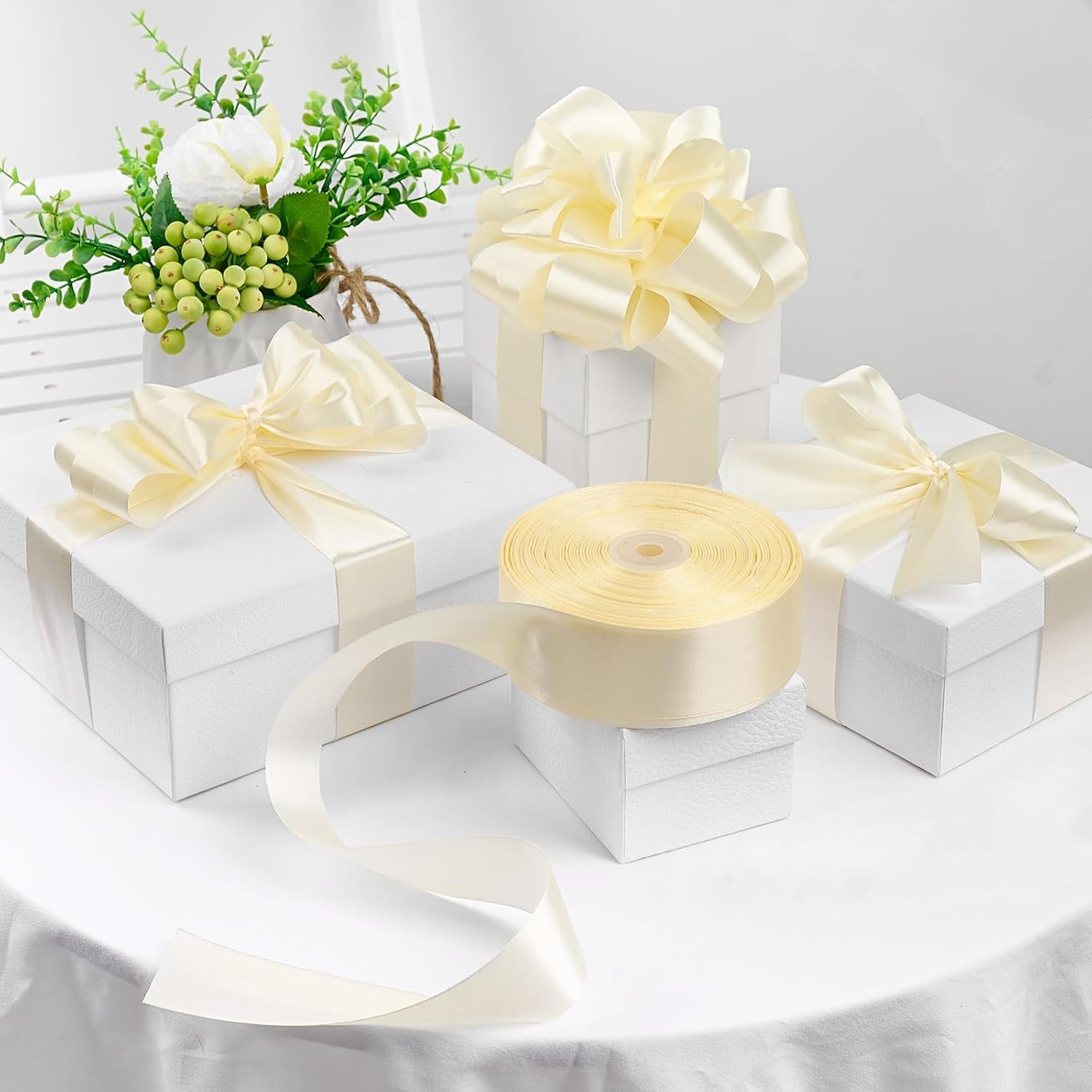 image:image112 Inch 100 Yards Apple Green Satin Ribbon Solid Fabric Ribbon Roll for Flower Bouquet Gift Wrapping Roses Making Handmade CraftsIvory