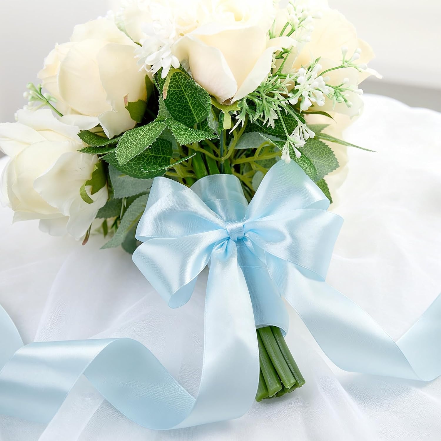 image:image112 Inch 100 Yards Apple Green Satin Ribbon Solid Fabric Ribbon Roll for Flower Bouquet Gift Wrapping Roses Making Handmade CraftsLight Blue