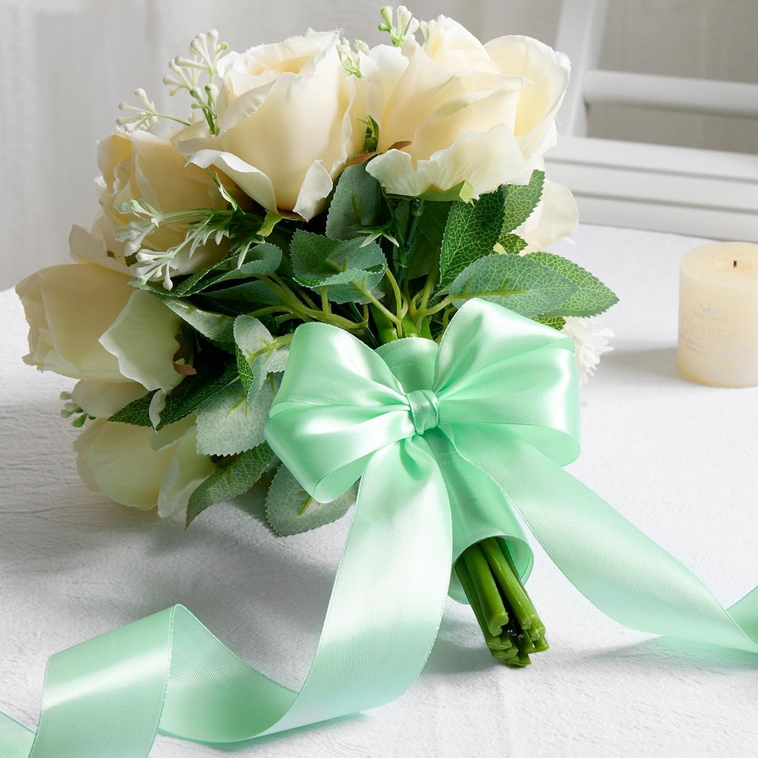 image:image112 Inch 100 Yards Apple Green Satin Ribbon Solid Fabric Ribbon Roll for Flower Bouquet Gift Wrapping Roses Making Handmade CraftsMint Green