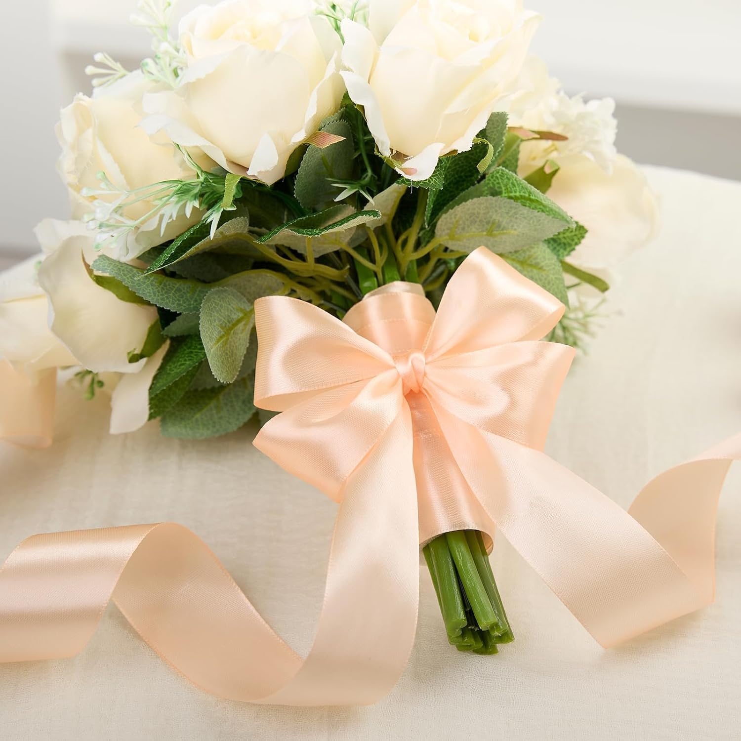 image:image112 Inch 100 Yards Apple Green Satin Ribbon Solid Fabric Ribbon Roll for Flower Bouquet Gift Wrapping Roses Making Handmade CraftsPeach