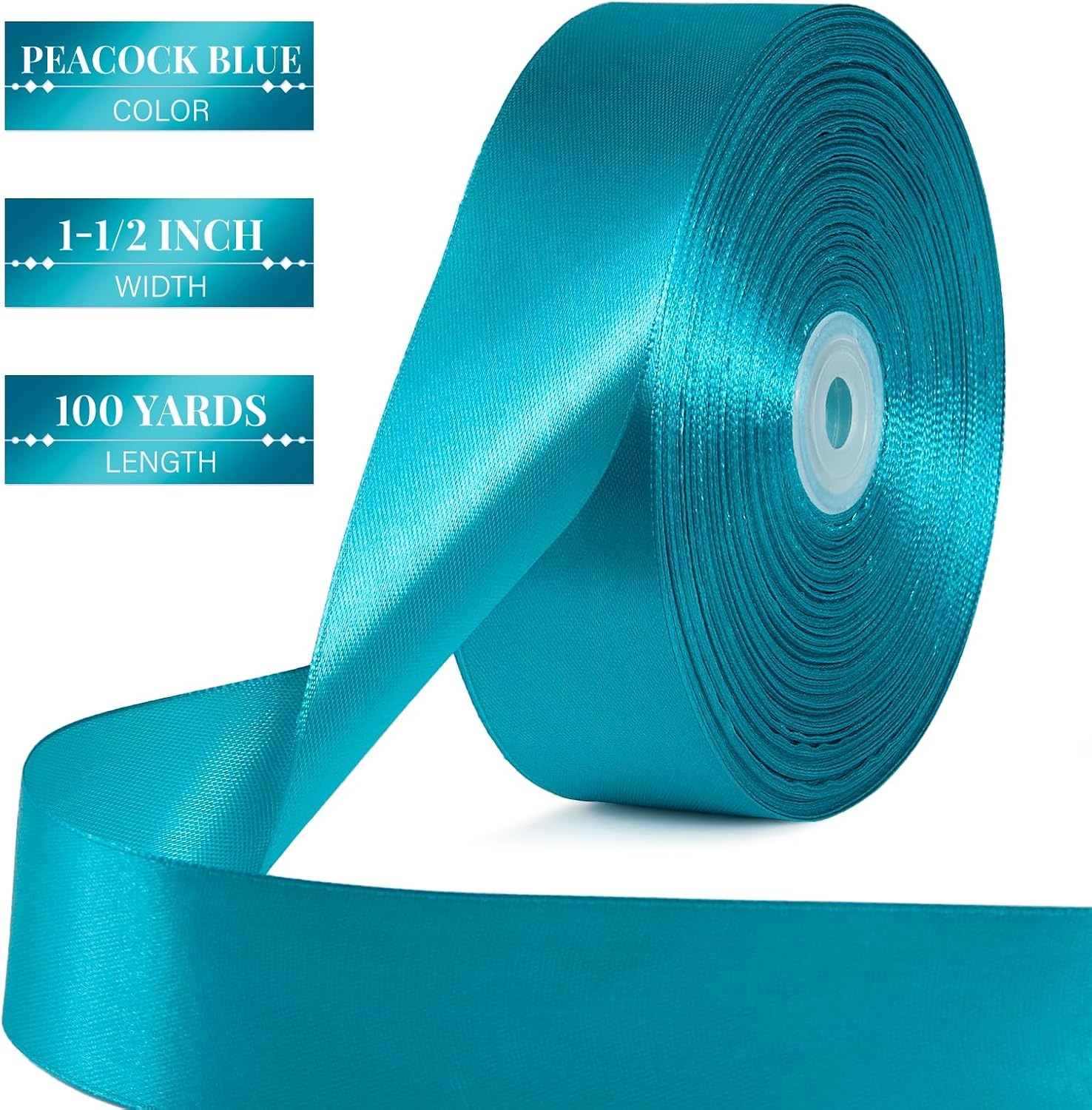 image:image112 Inch 100 Yards Apple Green Satin Ribbon Solid Fabric Ribbon Roll for Flower Bouquet Gift Wrapping Roses Making Handmade CraftsPeacock Blue