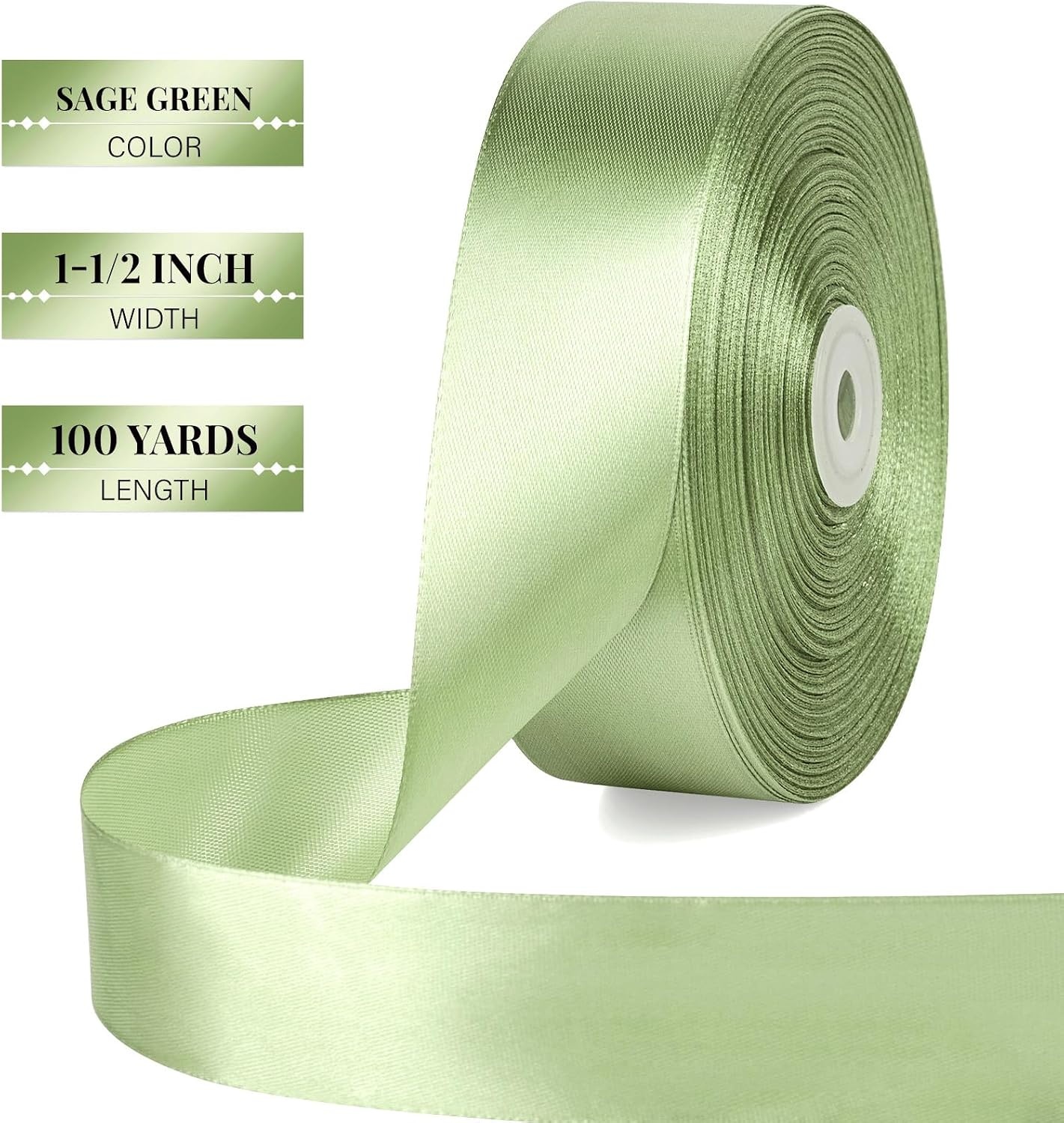 image:image112 Inch 100 Yards Apple Green Satin Ribbon Solid Fabric Ribbon Roll for Flower Bouquet Gift Wrapping Roses Making Handmade CraftsSage Green