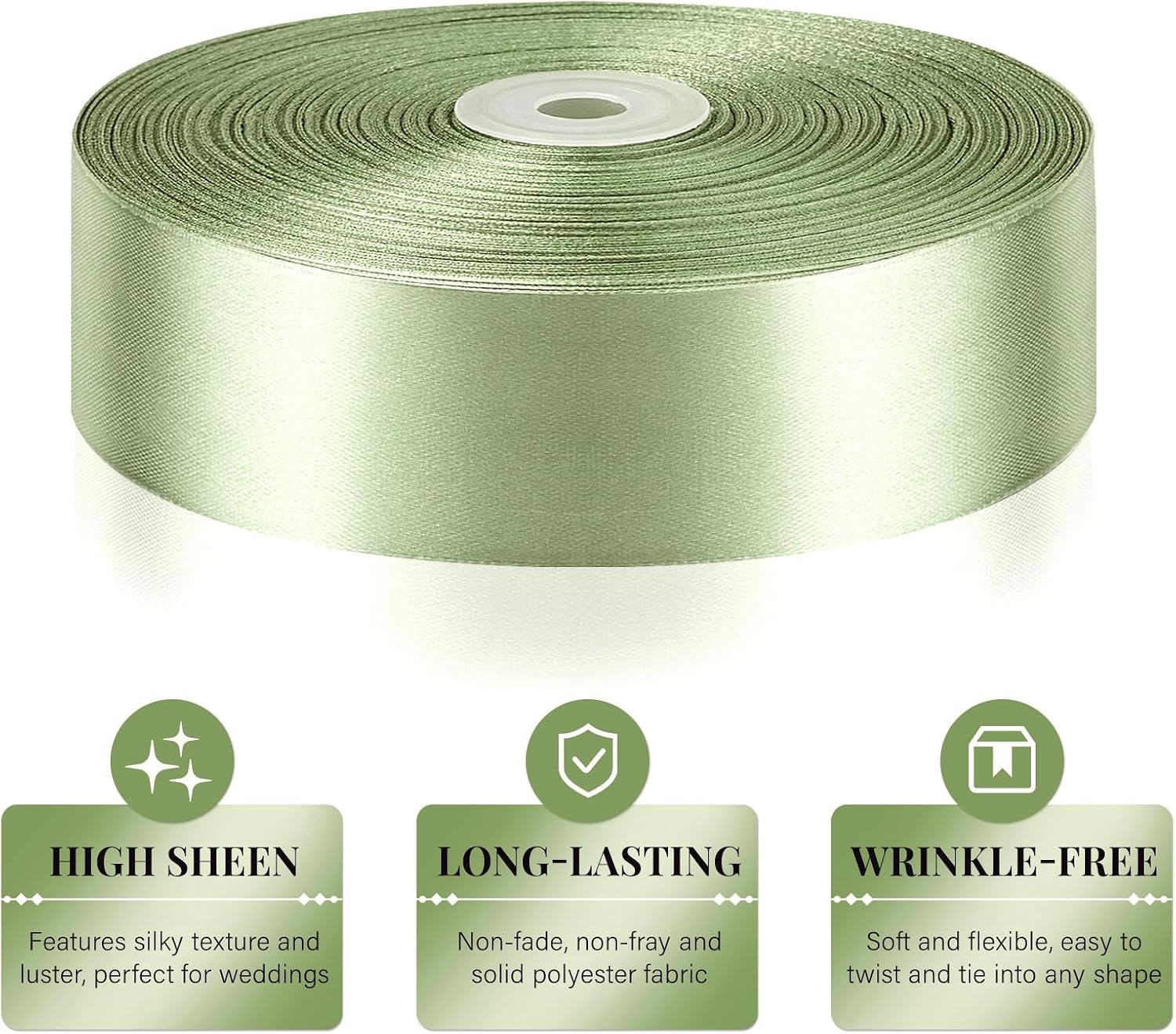 image:image112 Inch 100 Yards Apple Green Satin Ribbon Solid Fabric Ribbon Roll for Flower Bouquet Gift Wrapping Roses Making Handmade CraftsSage Green