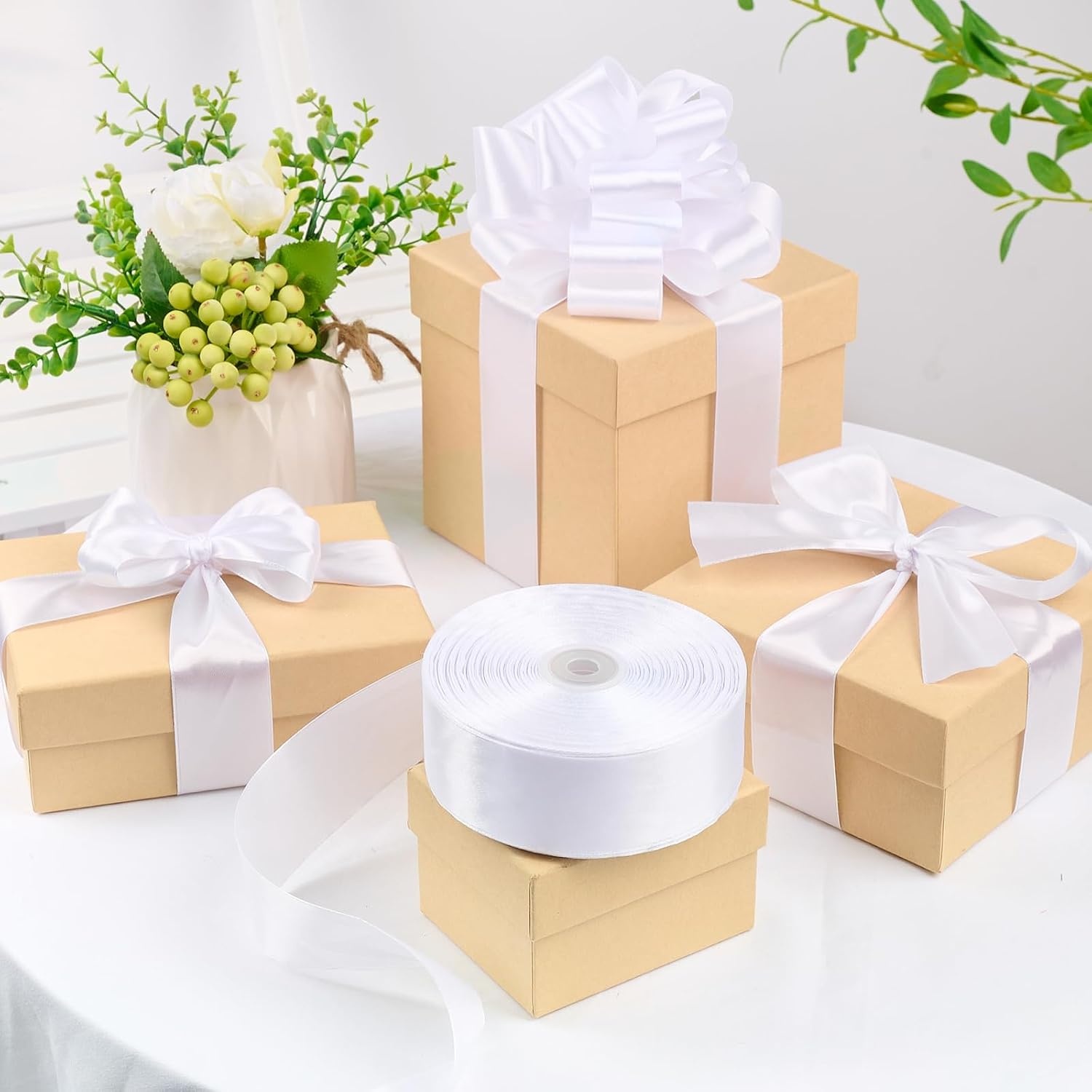 image:image112 Inch 100 Yards Apple Green Satin Ribbon Solid Fabric Ribbon Roll for Flower Bouquet Gift Wrapping Roses Making Handmade CraftsWhite