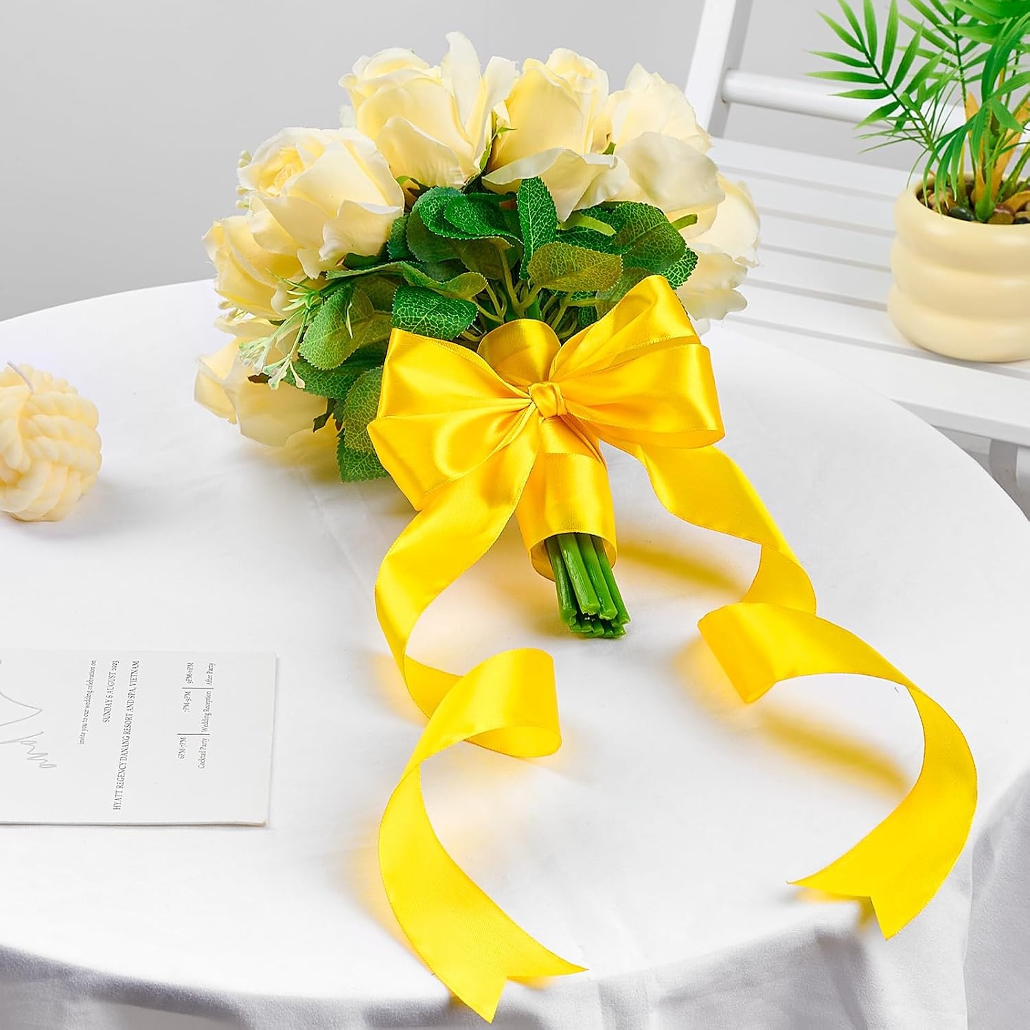 image:image112 Inch 100 Yards Apple Green Satin Ribbon Solid Fabric Ribbon Roll for Flower Bouquet Gift Wrapping Roses Making Handmade CraftsYellow