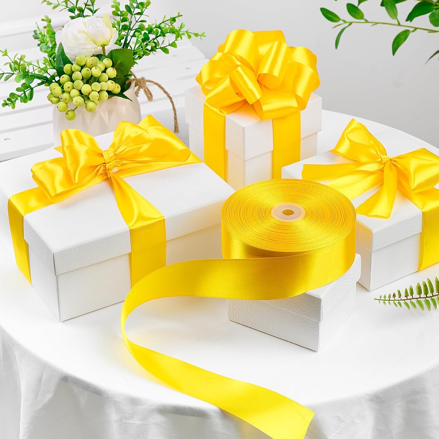 image:image112 Inch 100 Yards Apple Green Satin Ribbon Solid Fabric Ribbon Roll for Flower Bouquet Gift Wrapping Roses Making Handmade CraftsYellow