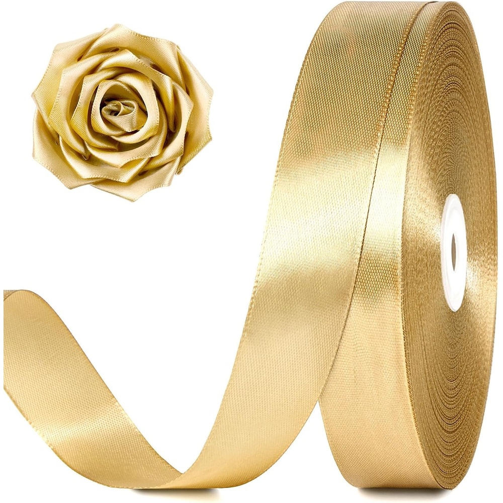 image:image100 Yards 1 Inch Apple Green Satin Ribbon Solid Fabric Ribbon Roll for Flower Bouquet Gift Wrapping Roses Making Handmade CraftsChampagne Gold